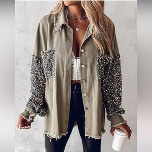 CHICME Women’s Oversized Khaki Sequin Patchwork Long Sleeve Button Down Top